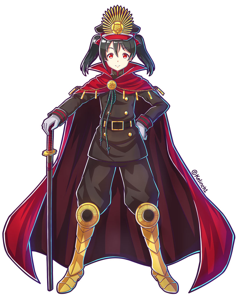 1girl, belt, black_hair, cape, cosplay, crest, family_crest, fate/grand_order