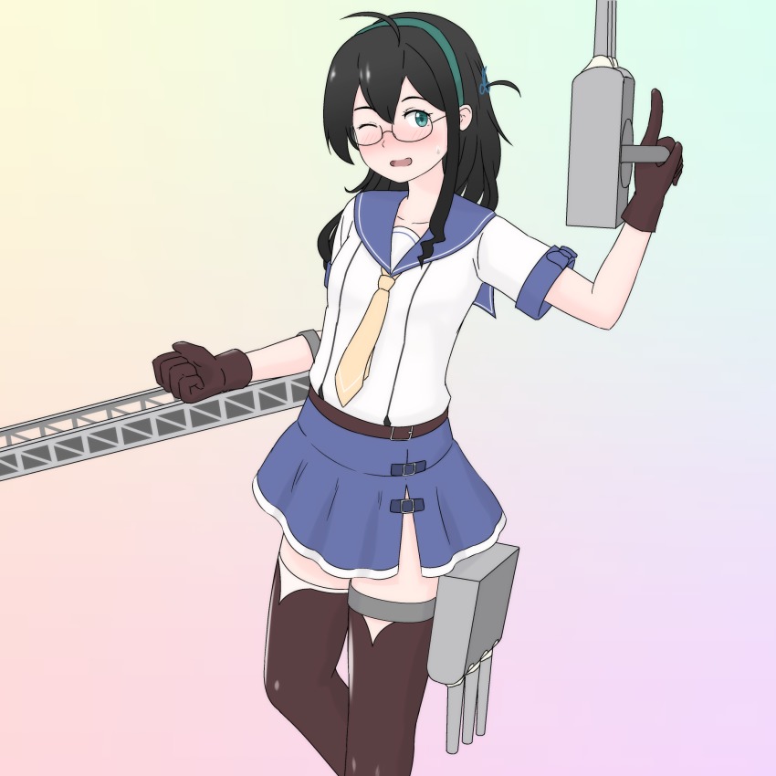 1girl, bad_id, bad_pixiv_id, blue_eyes, catapult, commentary_request, cosplay, female_focus, geometrie, glasses, gloves, gun, hairband, highres, kantai_collection, kinugasa_(kancolle), kinugasa_(kancolle)_(cosplay), long_hair, military, necktie, one_eye_closed, ooyodo_(kancolle), school_uniform, serafuku, solo, thighhighs, weapon