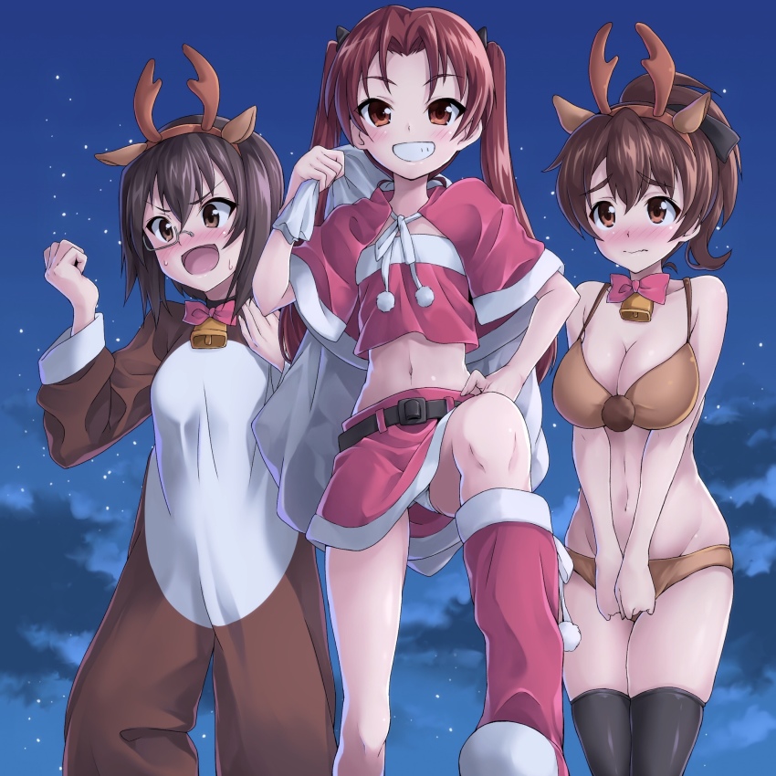 10s, 3girls, animal_costume, antlers, bad_id, bad_pixiv_id, bag, bell