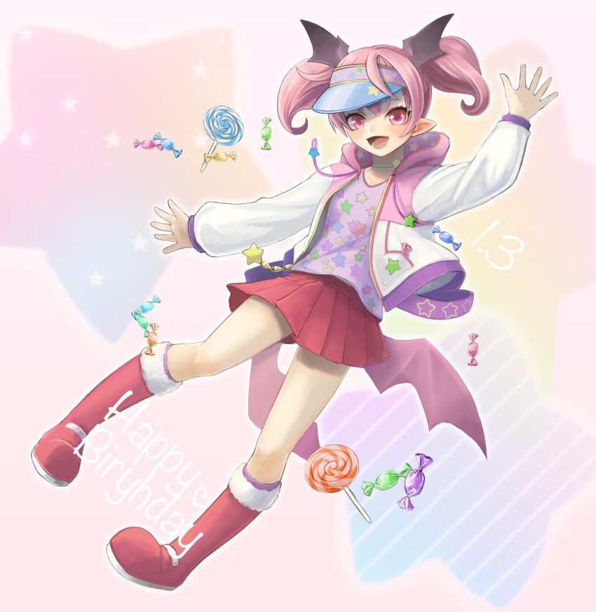 1girl, absurdres, blush, boots, candy, demon_girl, emelia_pris, female_focus