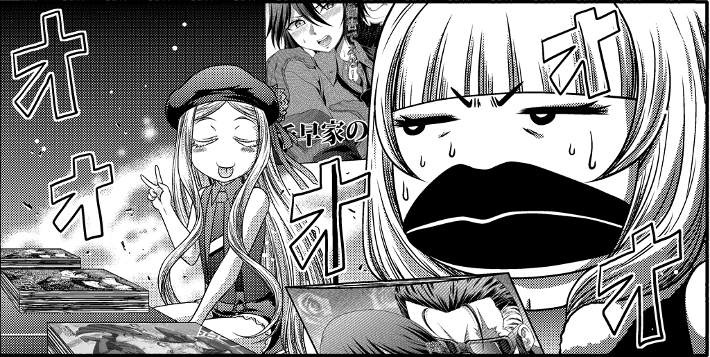 10s, 2boys, 3girls, :p, aoki_hagane_no_arpeggio, beard, blunt_bangs, blush