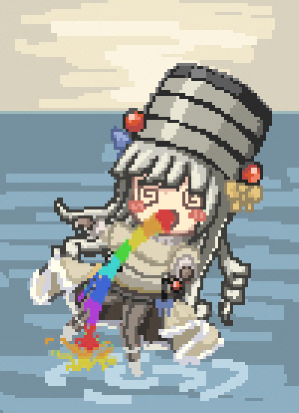 1girl, @_@, blush_stickers, chibi, drill_hair, female_focus, grey_hair, hat