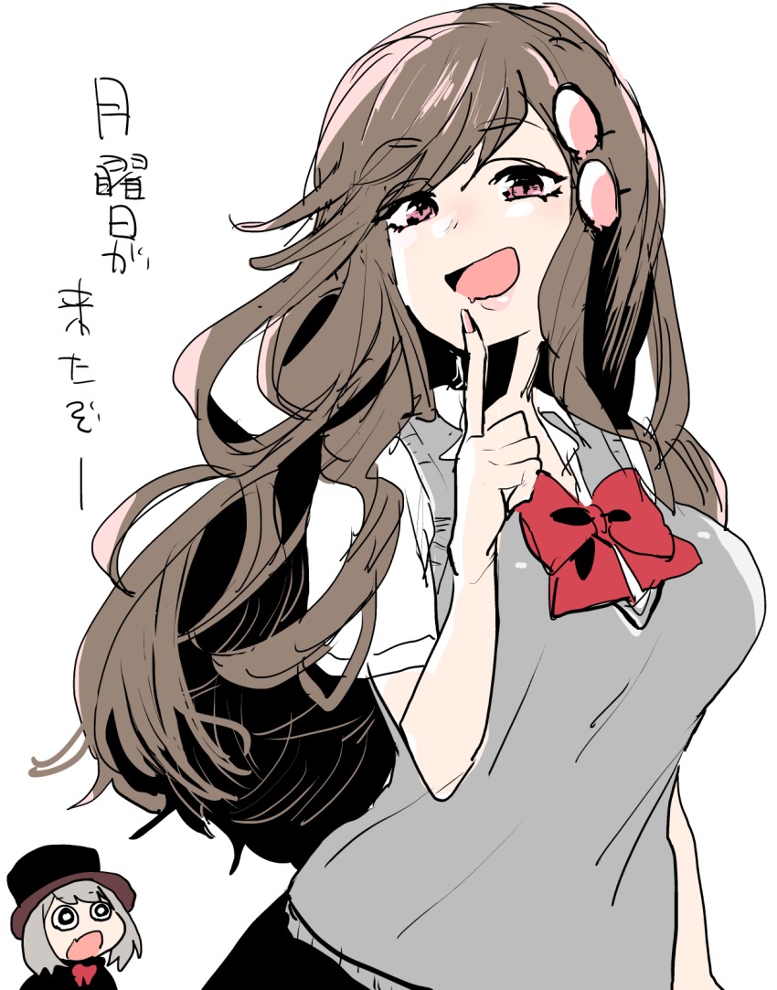 2girls, :d, azu_(azu401), blue_eyes, breasts, brown_hair, grey_hair, hat