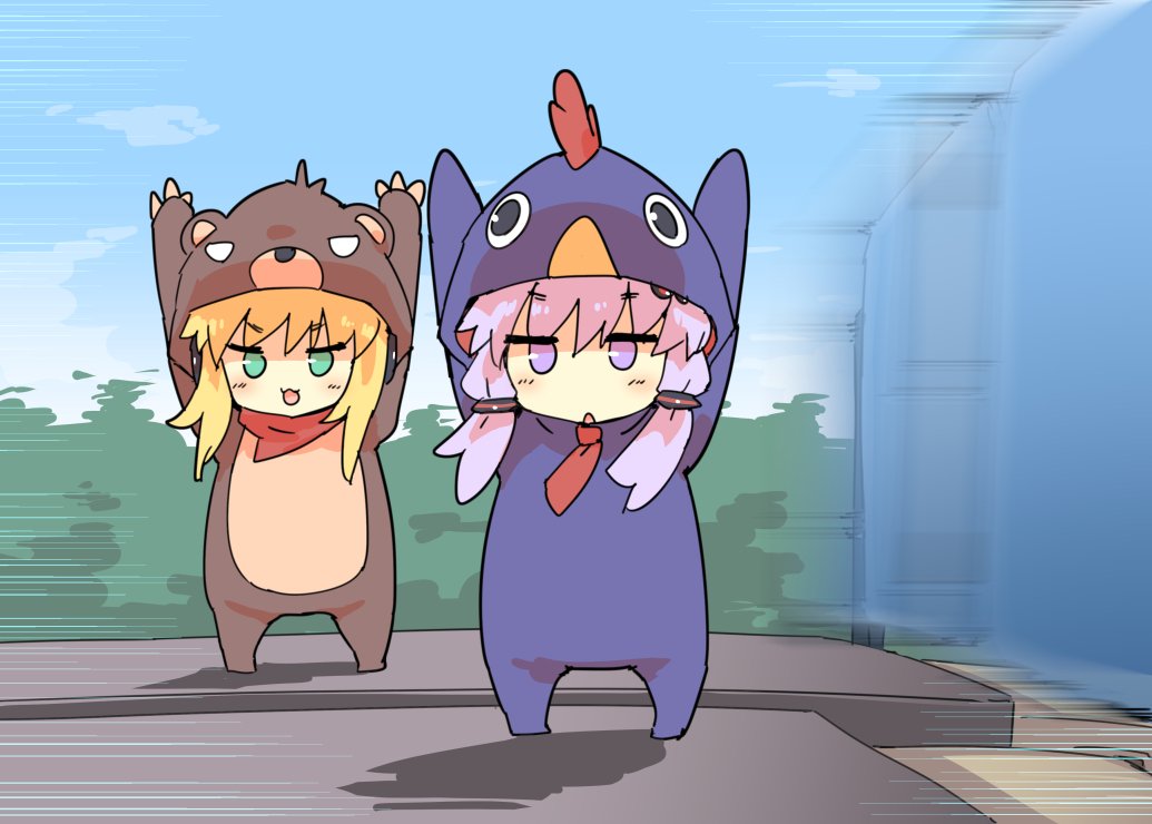 2girls, animal_costume, bad_id, bad_twitter_id, bear_costume, blonde_hair, blush, chicken_costume