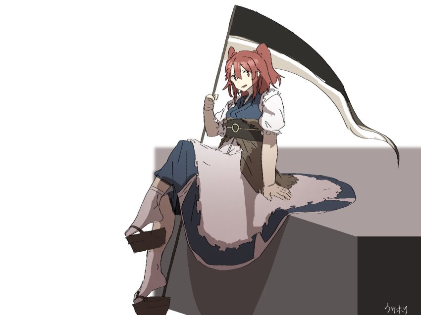 1girl, :d, arm_support, cube, female_focus, geta, highres, irohasu_(sasagarasu)