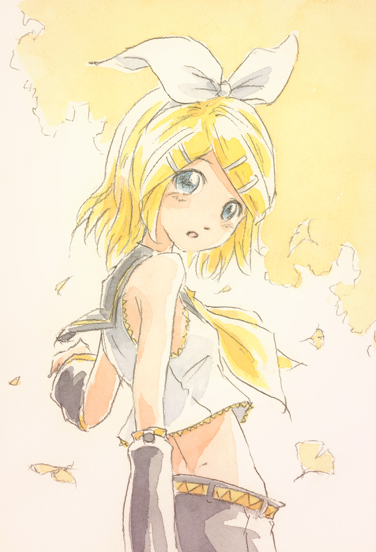 1girl, back, blonde_hair, blue_eyes, bow, detached_sleeves, epoxy_putty, female_focus