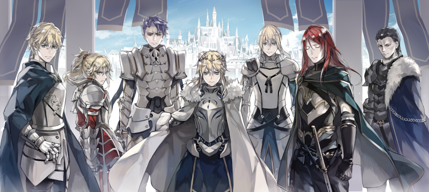 10s, 2girls, 5boys, agravain_(fate), armor, armored_dress, artoria_pendragon_(fate), artoria_pendragon_(lancer)_(fate)