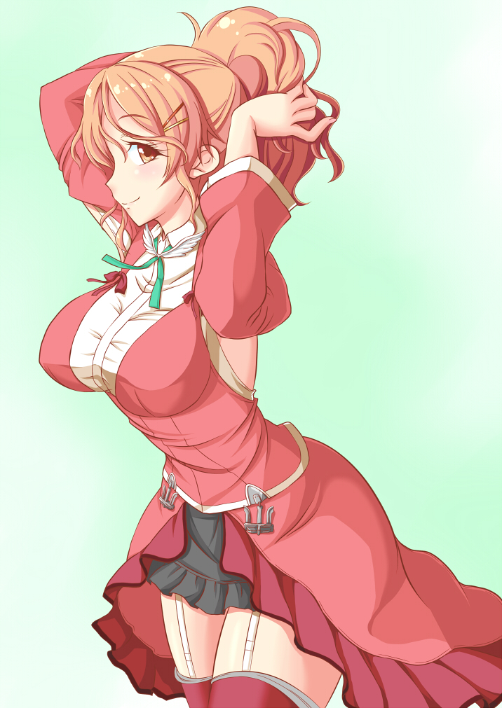 10s, 1girl, adjusting_hair, anchor_choker, aquila_(kancolle), armpit_cutout, arms_up, black_skirt