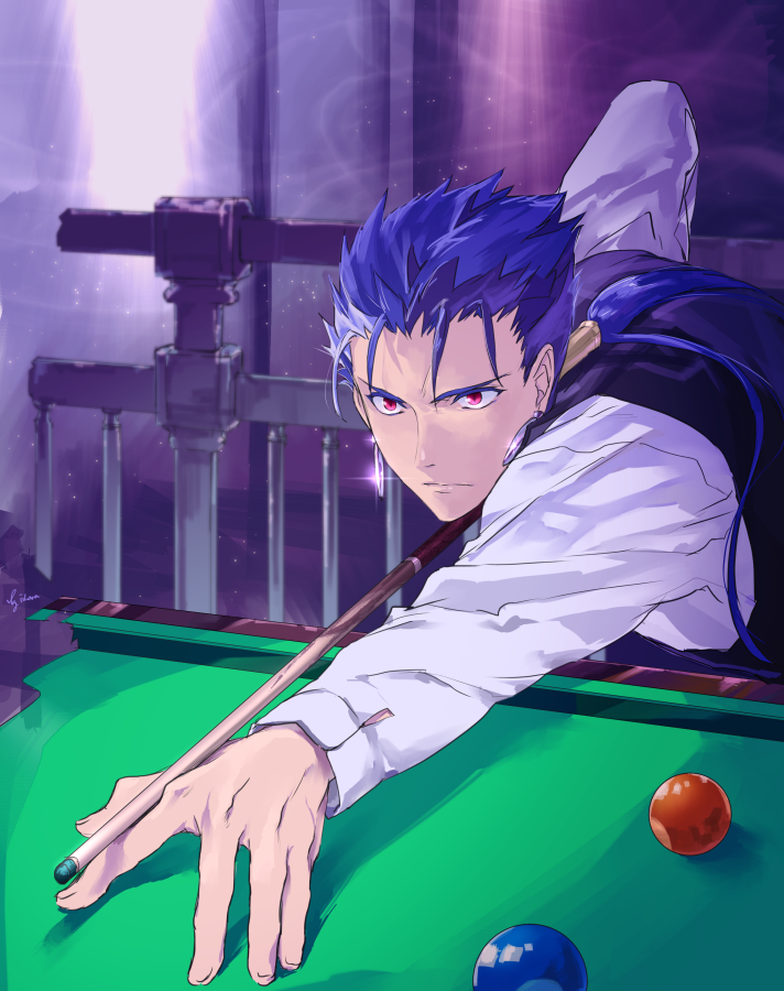 1boy, ball, billiard_ball, billiards, blue_hair, cu_chulainn_(fate), cu_chulainn_(lancer)_(fate), cue_stick, earrings, fate/stay_night, fate_(series), indoors, iz_izhara, jewelry, male_focus, official_alternate_costume, ponytail, pool, pool_table, red_eyes, solo, table, waiter