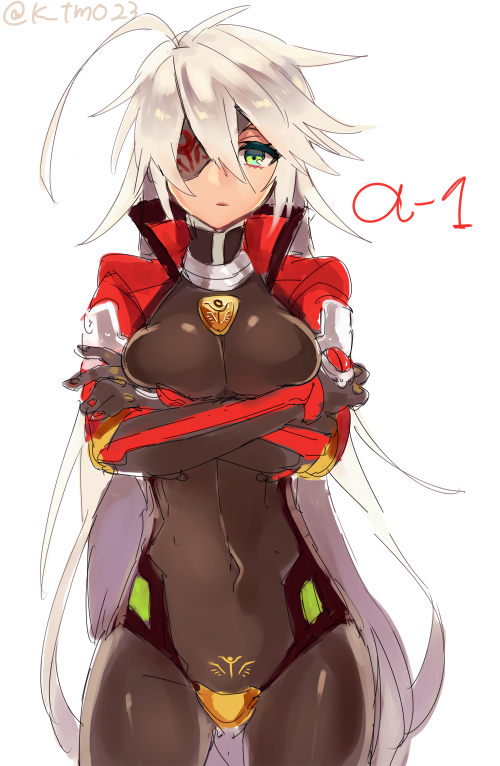 1girl, alpha-01, blazblue, bodysuit, breast_hold, breasts, eyepatch, genderswap