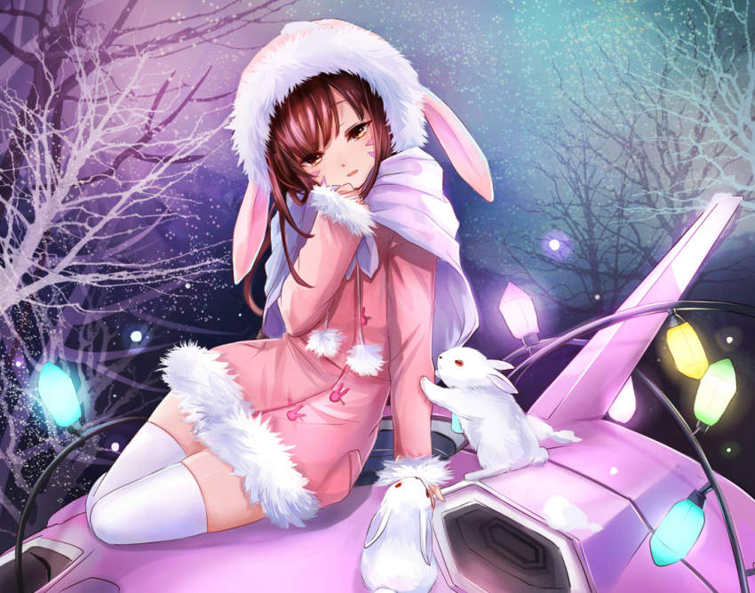 1girl, animal, animal_hood, arm_at_side, arm_support, bare_tree, brown_eyes, brown_hair, buttons, cable, capelet, christmas, coat, d.va_(overwatch), facepaint, facial_mark, female_focus, fur-trimmed_coat, fur_trim, hand_to_own_mouth, hand_up, hood, hood_up, hooded_coat, light_bulb, looking_at_viewer, matching_hair/eyes, mecha, meka_(overwatch), miya_(zawarudo), night, open_mouth, overwatch, overwatch_1, pink_coat, pom_pom_(clothes), rabbit, rabbit_hood, robot, sitting, sky, solo, star_(sky), starry_sky, thighhighs, tree, whisker_markings, white_thighhighs, winter_clothes, winter_coat, yokozuwari, zettai_ryouiki