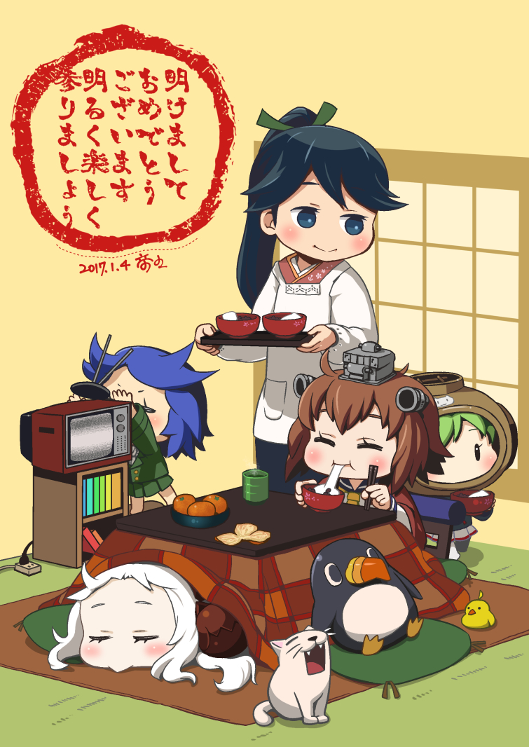 10s, 5girls, ^_^, abyssal_ship, alternate_costume, apron, black_eyes, black_hair