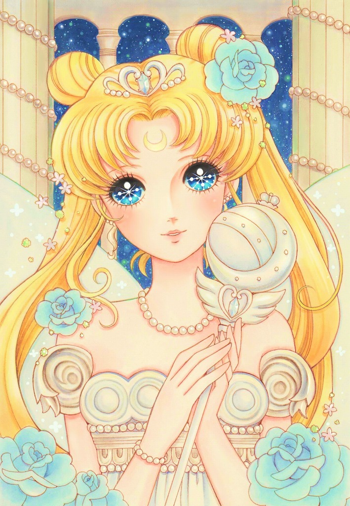 1girl, bishoujo_senshi_sailor_moon, blonde_hair, blue_eyes, bracelet, commentary_request, crescent, crescent_facial_mark