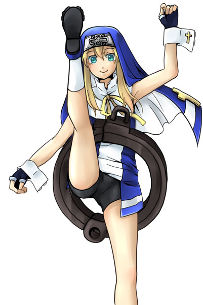 1boy, arc_system_works, bike_shorts, blonde_hair, bridget_(guilty_gear), cuffs, fingerless_gloves, gloves, green_eyes, guilty_gear, guilty_gear_xx, handcuffs, kicking, male_focus, nun, nun_headdress, simple_background, smile, socks, solo, trap, warusugi, white_background, wrist_cuffs