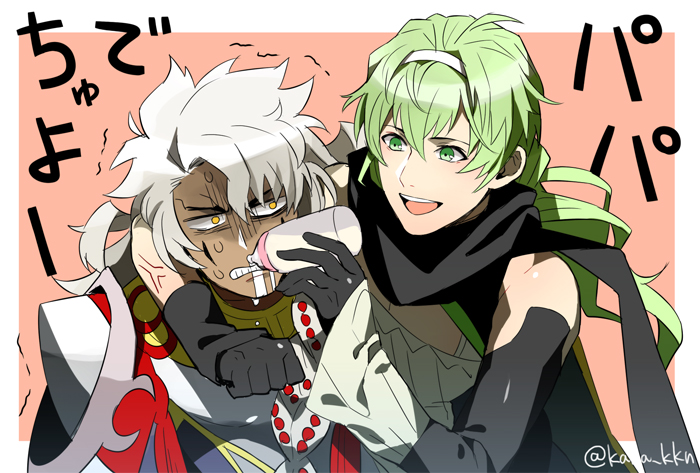 2girls, baby_bottle, bare_shoulders, black_gloves, black_scarf, bottle, can't_choose_your_own_family, dark-skinned_male