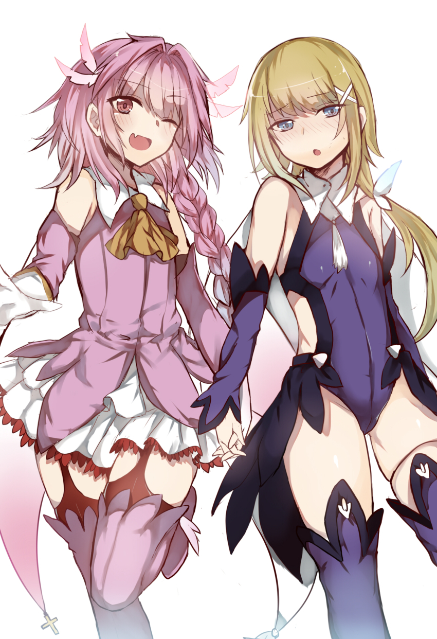 2boys, ;d, aqua_eyes, astolfo_(fate), blonde_hair, braid, chestnut_mouth, chevalier_d'eon_(fate)