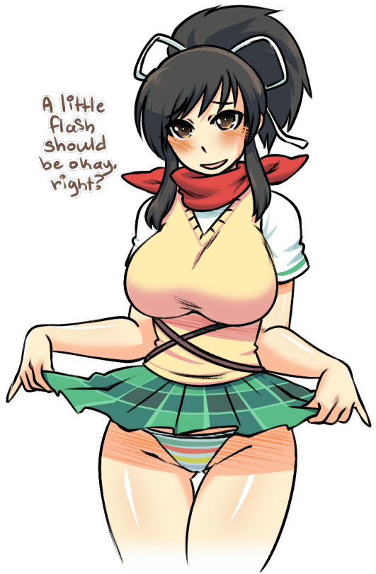 10s, 1girl, asuka_(senran_kagura), breasts, brown_eyes, brown_hair, female_focus, hair_ribbon, large_breasts, looking_at_viewer, matching_hair/eyes, nyxondyx, ponytail, ribbon, senran_kagura, smile, solo