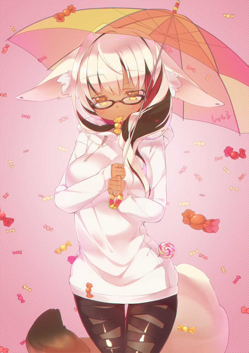 1girl, :>, animal_ears, black-framed_eyewear, black_hair, blush, breasts, brown_eyes