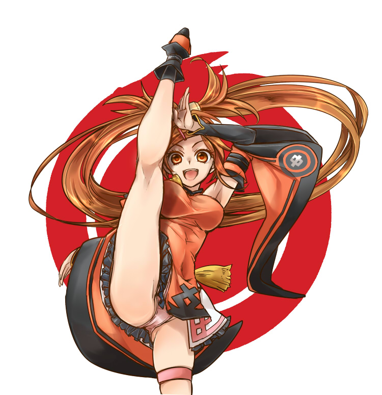 1girl, :d, bare_shoulders, blush, boots, breasts, brown_eyes, brown_hair, china_dress, chinese_clothes, detached_sleeves, dress, female_focus, guilty_gear, guilty_gear_xrd, hair_ornament, high_kick, kicking, kuradoberi_jam, large_breasts, long_hair, matching_hair/eyes, open_mouth, panties, shinzou, skirt, smile, solo, underwear, very_long_hair