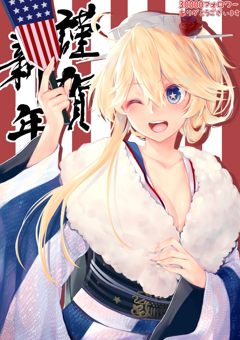 10s, 1girl, ;d, ahoge, alternate_costume, alternate_hairstyle, american_flag, blonde_hair