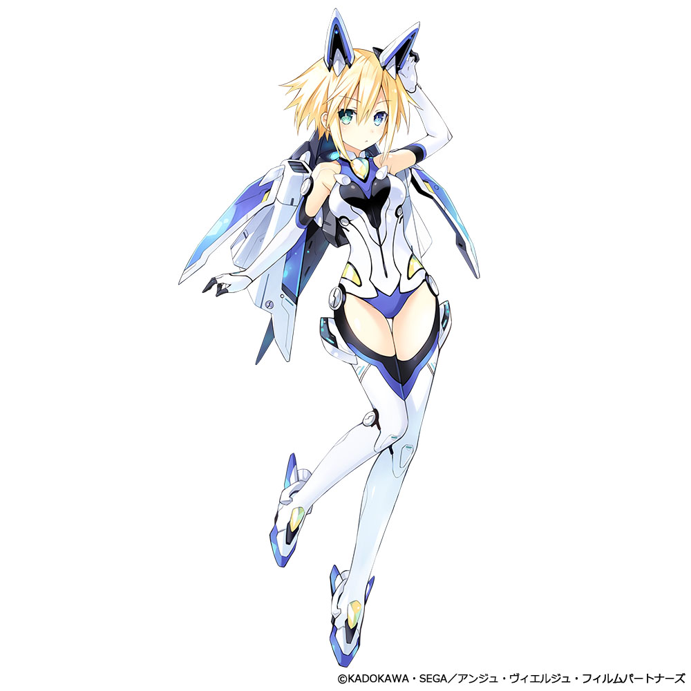 10s, 1girl, ange_vierge, bare_shoulders, blonde_hair, bodysuit, code_omega_77_stella, copyright_name, elbow_gloves, female_focus, full_body, gloves, green_eyes, hair_ornament, leotard, looking_at_viewer, short_hair, simple_background, solo, thighhighs, tsunako, white_background