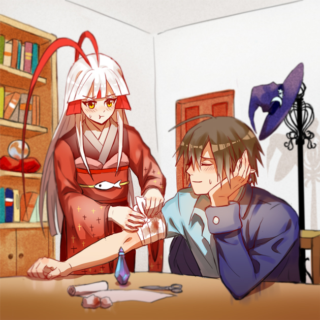 >:t, 1boy, 1girl, :t, ahoge, antenna_hair, bandaged_arm, bandages, blood, bloody_bandages, blue_shirt, blush, book, bookshelf, bottle, brown_eyes, brown_hair, chair, closed_mouth, collared_shirt, crystal_ball, door, funamusea, hat, hat_rack, head_rest, indoors, japanese_clothes, kimono, long_hair, long_sleeves, looking_at_another, majiang, meikai, multicolored_hair, obi, oounabara_to_wadanohara, profile, red_hair, sash, scissors, shirt, short_hair, silhouette, sitting, standing, sweatdrop, table, tatsumiya_(funamusea), two-tone_hair, v-shaped_eyebrows, white_hair, wing_collar, wizard_hat