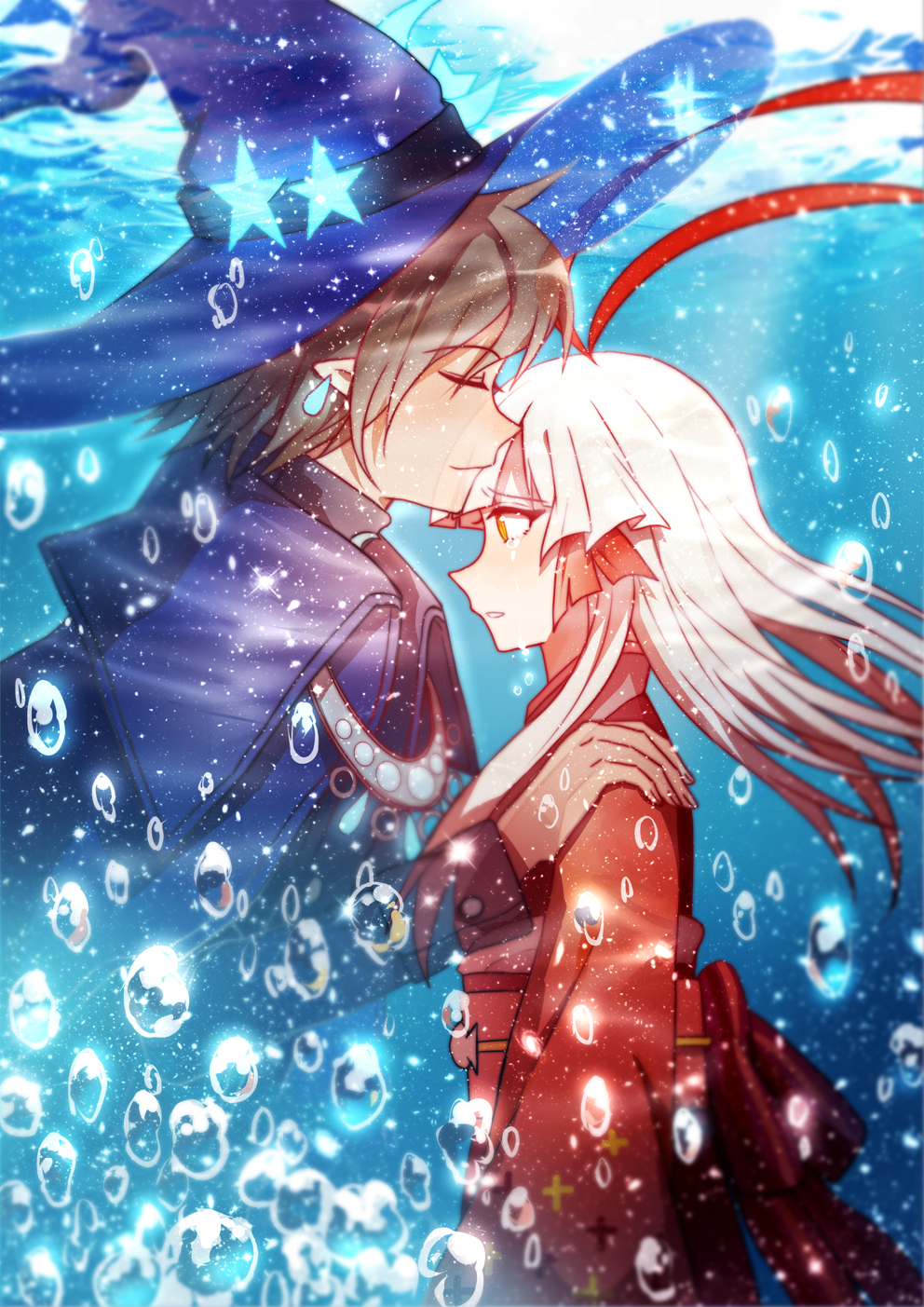 1boy, 1girl, antenna_hair, brown_eyes, brown_hair, bubble, cape, closed_eyes