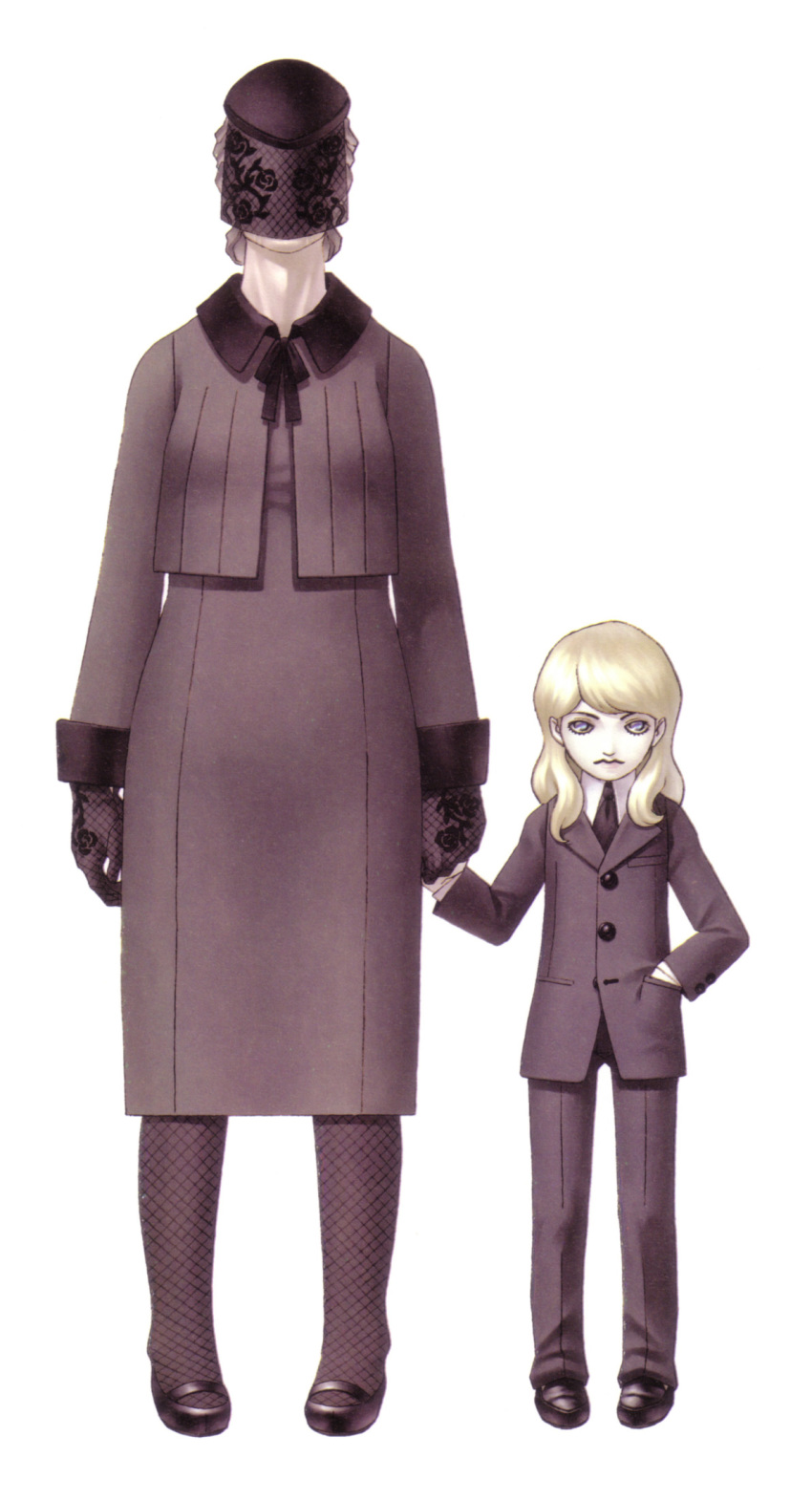 1boy, 1girl, blonde_hair, blue_eyes, child, fishnets, formal_clothes, gloves, holding_hands, hand_in_pocket, hat, highres, kazuma_kaneko, lady_in_black, long_hair, louis_cypher, mary_janes, official_art, old, old_woman, shin_megami_tensei, shin_megami_tensei_iii:_nocturne, shoes, veil