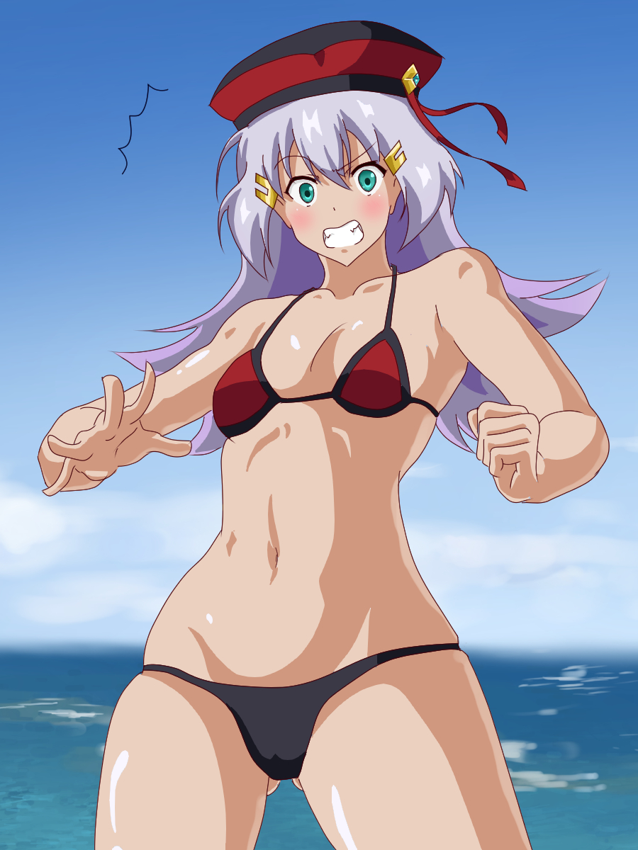 1girl, aqua_eyes, bad_id, bad_pixiv_id, beret, bikini, breasts, embarrassed, fe_(umenomiya_tekkousho), female_focus, gluteal_fold, gundam, gundam_exa, hair_ornament, hairclip, hat, highres, solo, sthesia_awar_acht, swimsuit, tetsu, white_hair