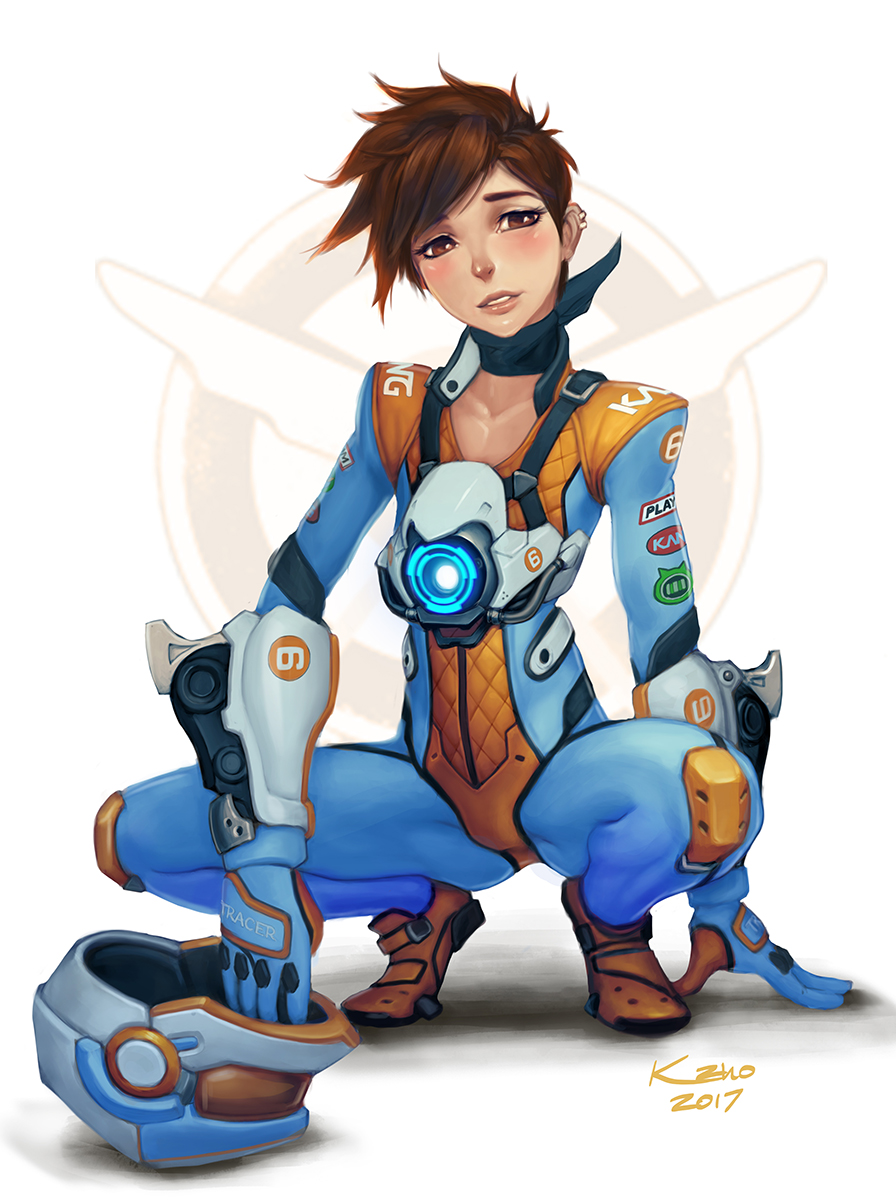 1girl, arm_support, biker_clothes, bikesuit, blush, bodysuit, brown_hair, chest_harness, female_focus, harness, helmet, highres, khantian, looking_at_viewer, mach_t_(overwatch), official_alternate_costume, overwatch, overwatch_1, solo, spiked_hair, squatting, tracer_(overwatch), unworn_headwear, unworn_helmet