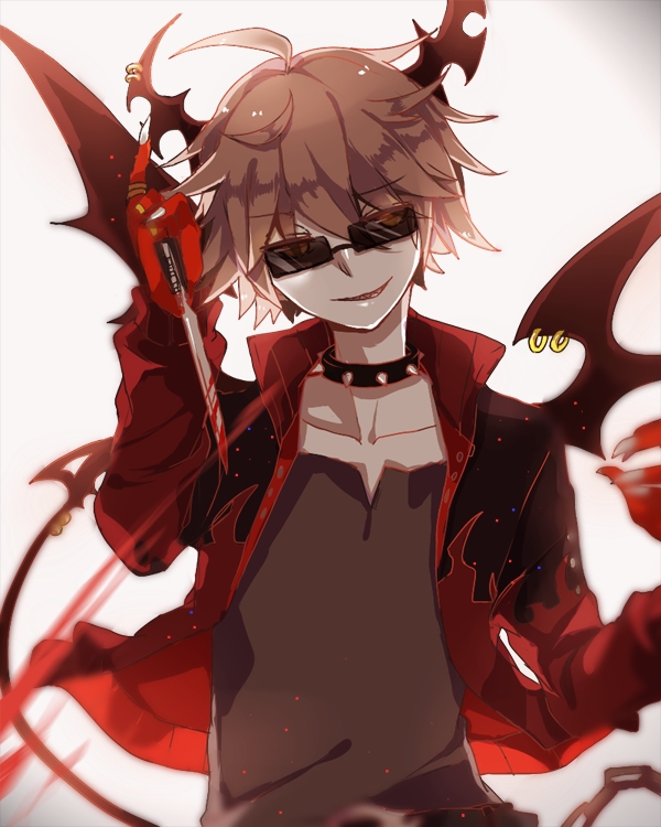 1boy, ahoge, arm_up, bat_wings, blood, bloody_weapon, brown_hair, brown_shirt