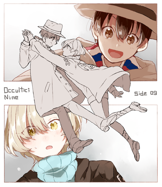 10s, 1boy, 1girl, black_hair, blonde_hair, brown_eyes, coat, copyright_name, formal_clothes, hat, hetero, holding_hands, kizaki_asuna, looking_at_another, moritsuka_shun, occultic;nine, open_mouth, parupin, science_adventure, short_hair, yellow_eyes