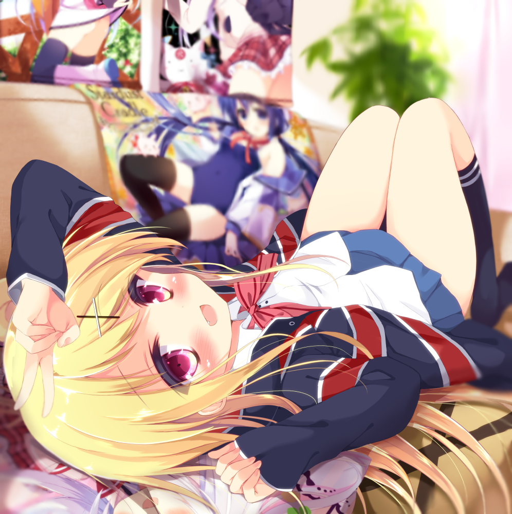 10s, 1girl, :d, arm_up, artist_self-reference, black_socks, blonde_hair, blouse