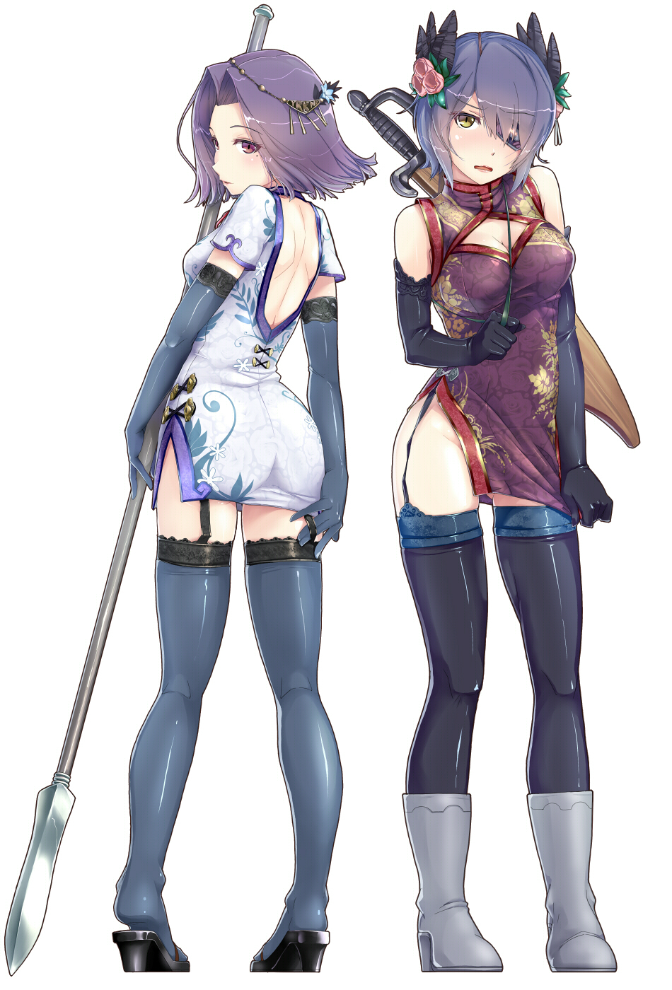 10s, 2girls, alternate_costume, back_cutout, backless_outfit, black_gloves, blue_gloves, blush, boots, china_dress, chinese_clothes, cleavage_cutout, clothing_cutout, dao_(weapon), dress, dress_tug, elbow_gloves, eyepatch, feather_hair_ornament, feathers, flower, from_behind, full_body, garter_straps, gloves, gluteal_fold, hair_flower, hair_intakes, hair_ornament, hi-ho-, highres, kantai_collection, kneepits, looking_at_viewer, multiple_girls, polearm, purple_eyes, purple_hair, qiang_(weapon), short_dress, short_hair, side_slit, simple_background, spear, standing, sword, tatsuta_(kancolle), tenryuu_(kancolle), thighhighs, thighs, weapon, white_background, white_footwear, yellow_eyes, zettai_ryouiki
