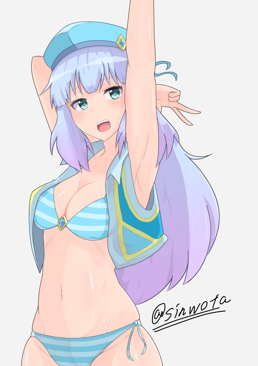 1girl, absurdres, aqua_eyes, arms_behind_head, bad_id, bad_pixiv_id, bikini, breasts, female_focus, gundam, gundam_exa, highres, long_hair, medium_breasts, shinota, solo, sthesia_awar, striped_bikini, striped_clothes, swimsuit, vest