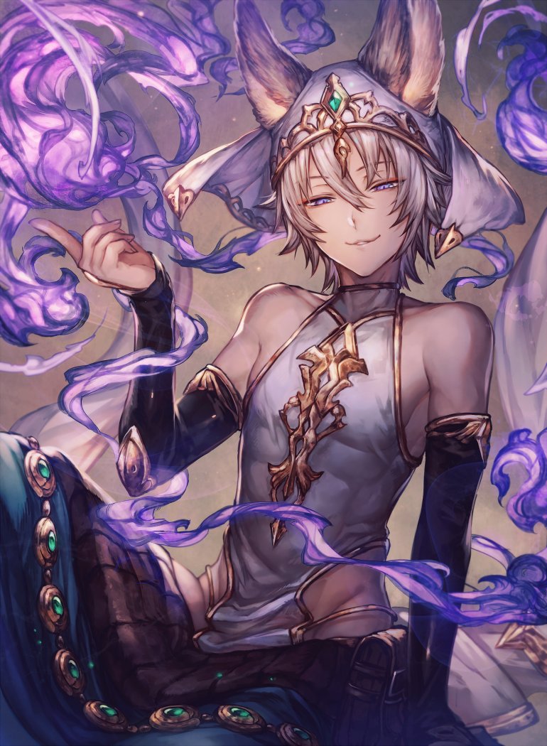 10s, 1boy, :3, animal_ears, bare_shoulders, blue_eyes, detached_sleeves, erune, granblue_fantasy, halterneck, male_focus, parted_lips, shigaraki_(strobe_blue), sleeveless, smile, solo, white_hair, xiao_(granblue_fantasy)