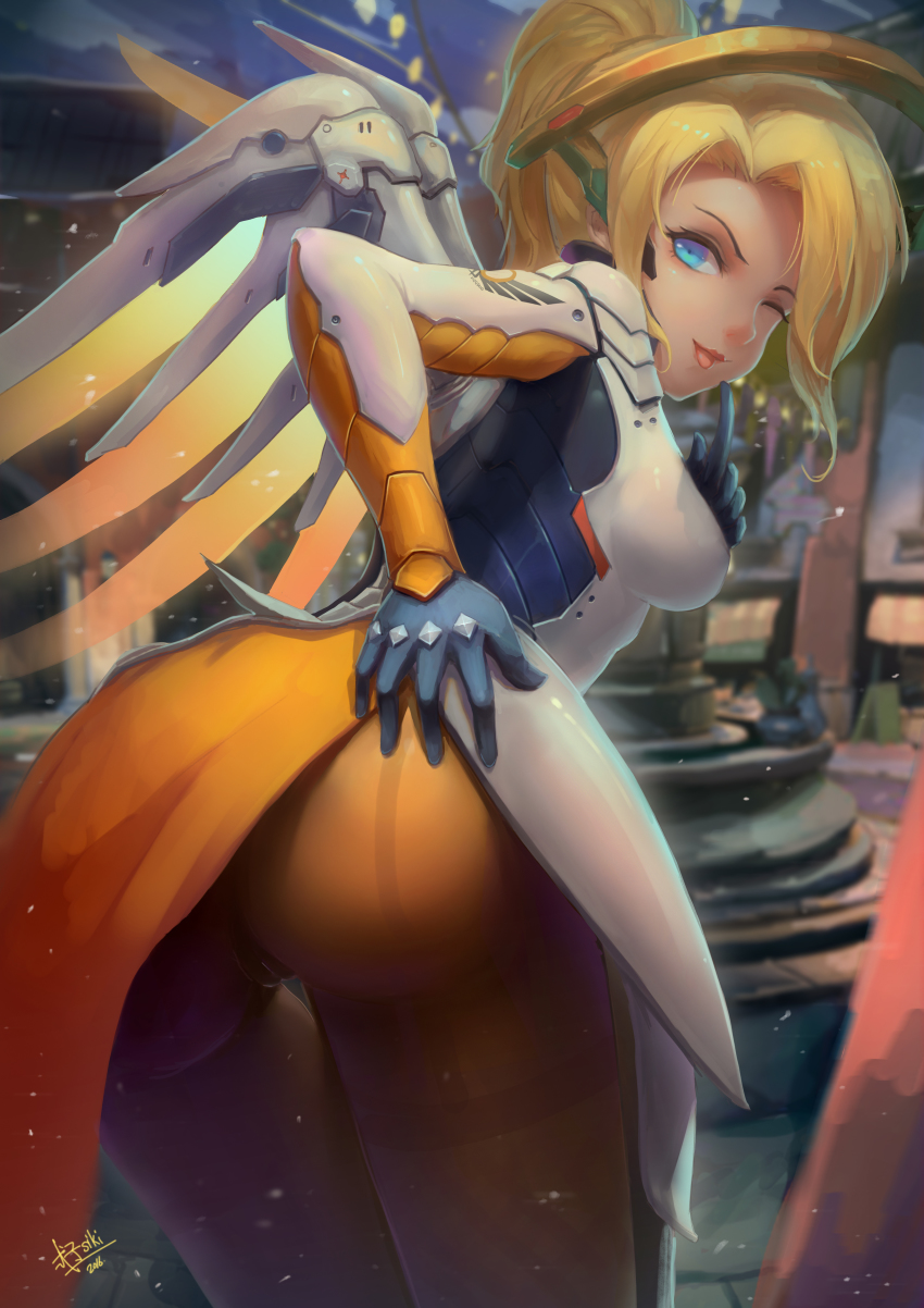 1girl, 2016, ;), ;p, absurdres, armor, ass, black_gloves