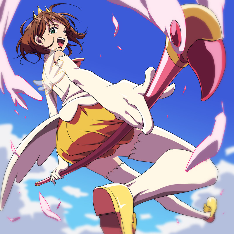 1990s_(style), 1girl, bad_id, bad_pixiv_id, blue_sky, brown_hair, cardcaptor_sakura, cloud