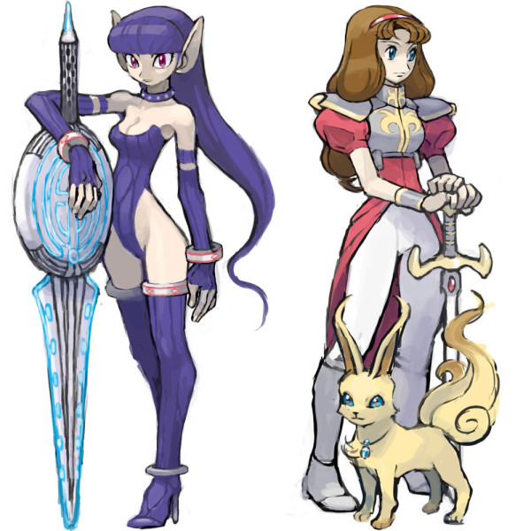 2girls, :|, alisa_landeel, armor, blue_eyes, boots, bracer, breastplate, breasts, brown_hair, character_request, choker, cleavage, closed_mouth, elbow_gloves, expressionless, fingerless_gloves, full_body, gloves, hairband, hand_on_hilt, hands_on_hilt, high_heels, highleg, highleg_leotard, in-franchise_crossover, jewelry, leotard, long_hair, medium_breasts, multiple_girls, myau_(phantasy_star), necklace, nei, pants, pauldrons, phantasy_star, phantasy_star_i, phantasy_star_ii, pink_eyes, planted, planted_sword, planted_weapon, pointy_ears, puffy_short_sleeves, puffy_sleeves, purple_gloves, purple_hair, purple_legwear, purple_leotard, ribbed_gloves, ribbed_legwear, ribbed_leotard, sega, short_sleeves, shoulder_armor, simple_background, standing, sugimori_ken, sword, thighhighs, turtleneck, very_long_hair, weapon, white_background, white_footwear, white_pants