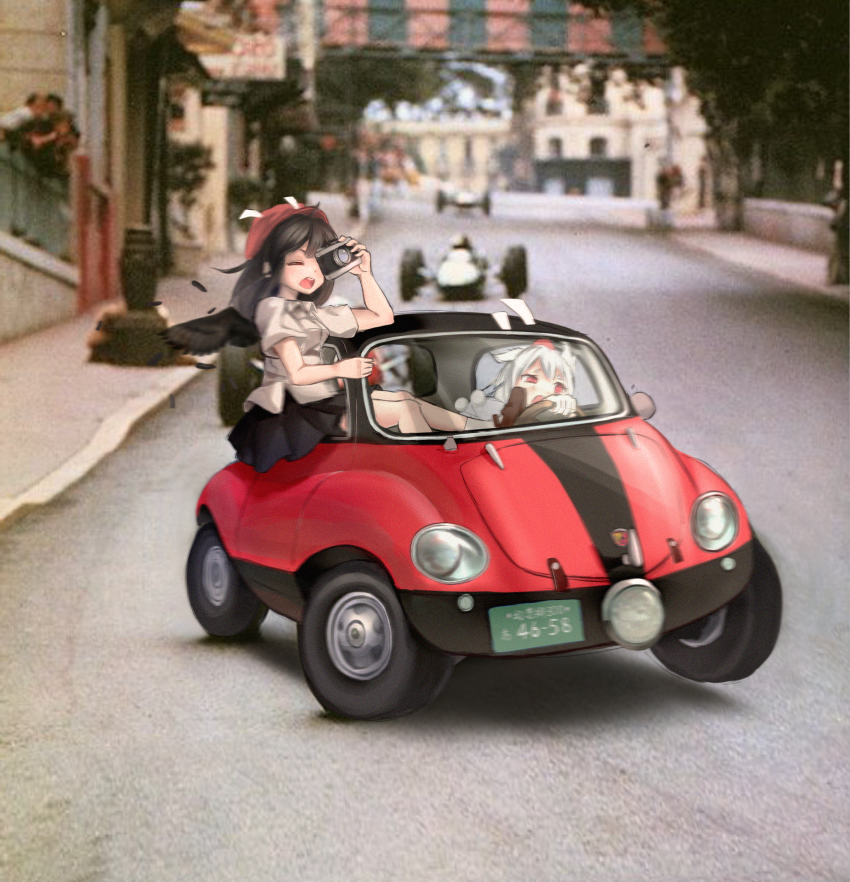 2girls, :d, abarth, absurdres, animal_ears, black_skirt, black_wings, brown_footwear