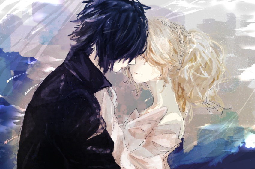 10s, 1boy, 1girl, absurdres, anulioa, black_hair, black_jacket, blonde_hair, braid, couple, dress, final_fantasy, final_fantasy_xv, hair_over_face, highres, jacket, lunafreya_nox_fleuret, noctis_lucis_caelum, short_hair, tears, upper_body, white_dress