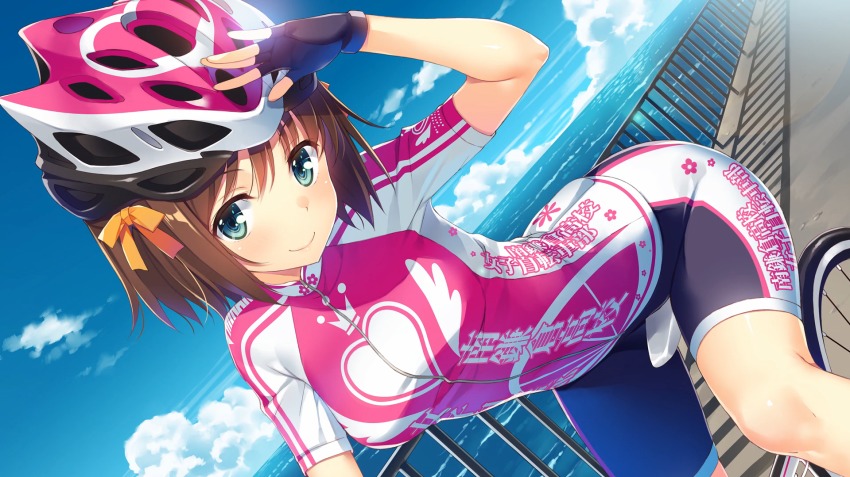 1girl, bicycle, bicycle_helmet, bike_jersey, bike_shorts, black_gloves, blue_sky, bow, breasts, brown_hair, character_name, closed_mouth, clothes_writing, cloud, cloudy_sky, day, end_card, female_focus, fingerless_gloves, gloves, green_eyes, hair_bow, heart, heart_print, helmet, highres, hiromi_maiharu, looking_at_viewer, maiharu_hiromi, minami-kamakura_koukou_joshi_jitensha-bu, non-web_source, ocean, orange_bow, outdoors, railing, shading_eyes, short_hair, sky, smile, solo, water, yuuki_hagure