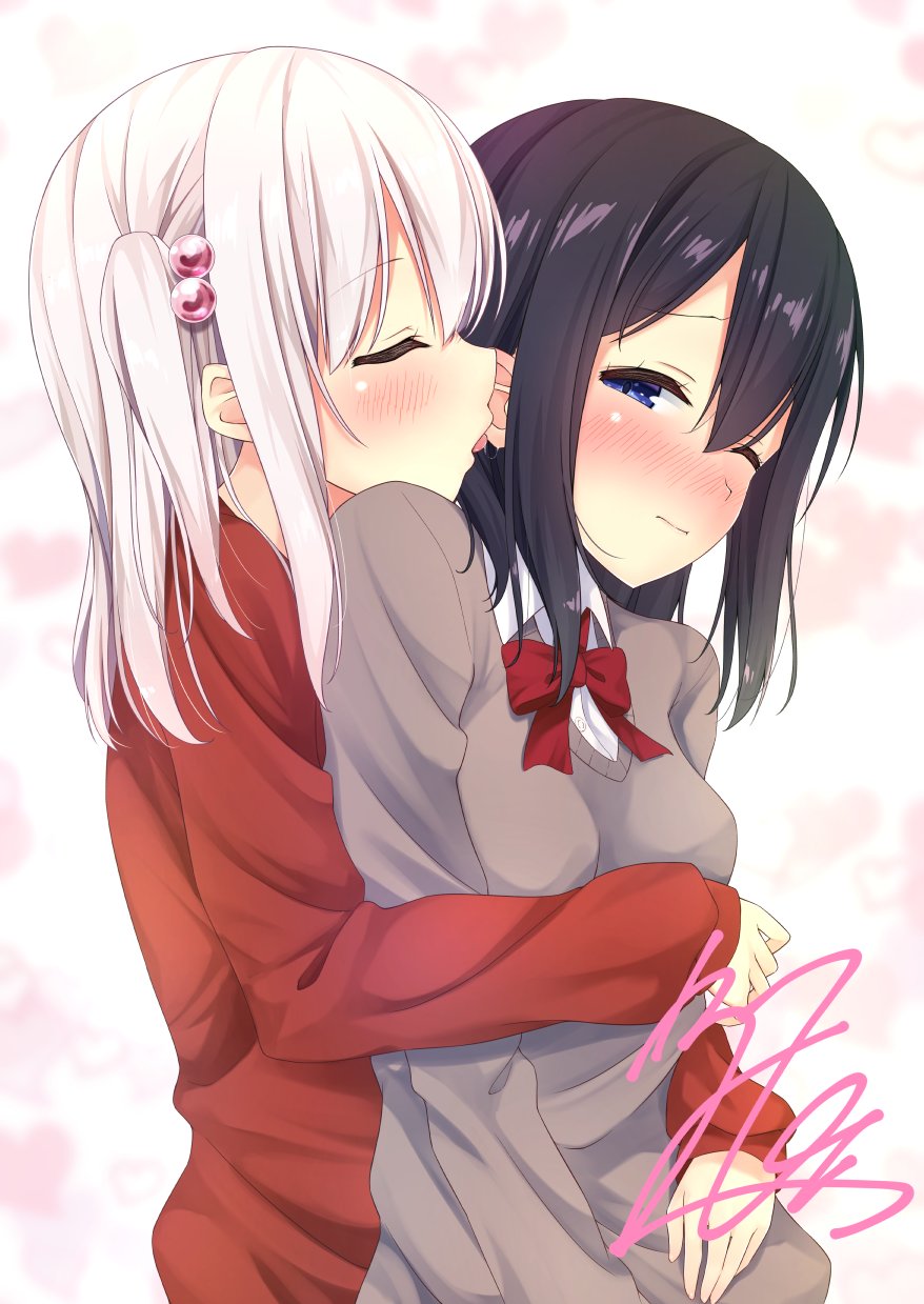 2girls, black_hair, blue_eyes, blush, borrowed_character, ear_licking, eargasm, closed_eyes