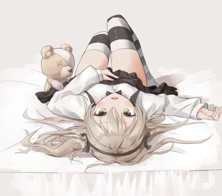 10s, 1girl, bandages, bed_sheet, black_bow, black_ribbon, black_skirt, blush