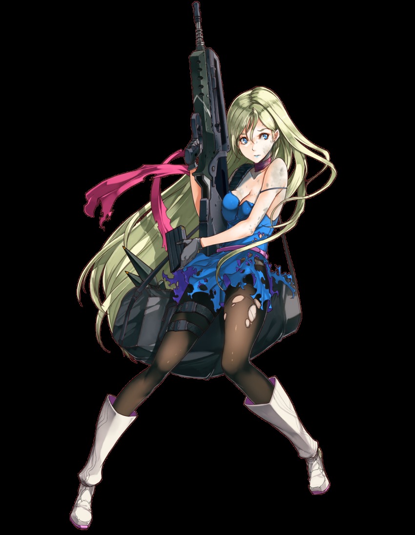 1girl, ammunition, apav_40, assault_rifle, bag, belt, black_gloves, black_pantyhose