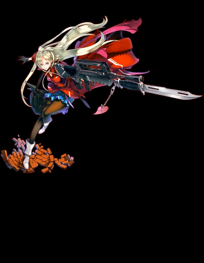 1girl, aiming, assault_rifle, bag, bayonet, black_gloves, black_pantyhose, blue_dress, blue_eyes, boots, bow, brick_floor, bullpup, carrying, carrying_over_shoulder, cartridge, charm_(object), coat, dress, eyebrows, famas, famas_(girls'_frontline), female_focus, full_body, girls'_frontline, gloves, gun, hair_bow, heart-shape_keychain, heart-shaped_charm, highres, holding, holding_gun, holding_weapon, knee_boots, ky_(nimbusky), leg_up, long_hair, looking_to_the_side, nose, official_art, open_hands, pantyhose, parted_lips, personification, pleated_skirt, red_coat, rifle, ruins, running, silver_hair, skirt, solo, thigh_strap, transparent_background, trigger_discipline, unbuttoned, very_long_hair, weapon, white_boots