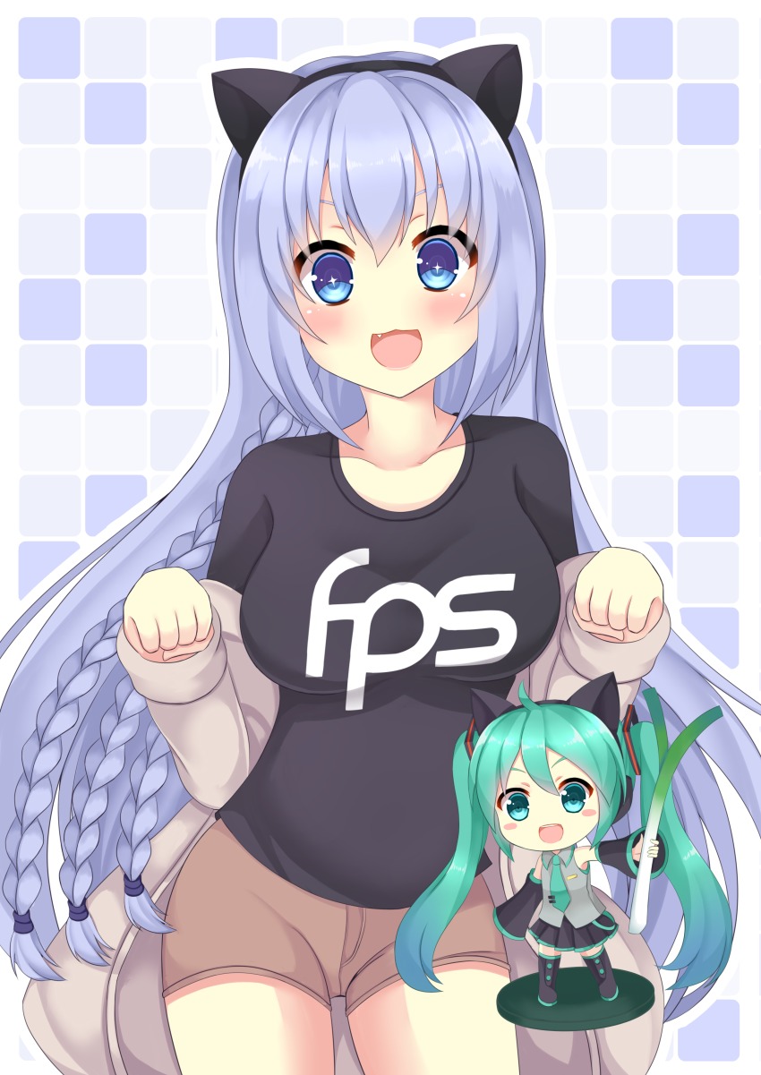>:d, +_+, 1girl, :d, absurdres, animal_ears, aqua_necktie, asusilver_(artist), black_footwear, black_shirt, black_thighhighs, blue_eyes, blue_hair, blush_stickers, boots, braid, breasts, brown_shorts, cat_ears, chibi, clothes_writing, cowboy_shot, detached_sleeves, fake_animal_ears, figure, green_eyes, green_hair, grey_jacket, grey_shirt, hatsune_miku, highres, holding, impossible_clothes, impossible_shirt, jacket, long_hair, medium_breasts, necktie, nendoroid, nero_jeevas, off_shoulder, open_clothes, open_jacket, open_mouth, outstretched_arm, paw_pose, pleated_skirt, shirt, shorts, skirt, sleeves_past_wrists, smile, spring_onion, standing, thigh_boots, thighhighs, twintails, v-shaped_eyebrows, very_long_hair, vocaloid, zettai_ryouiki