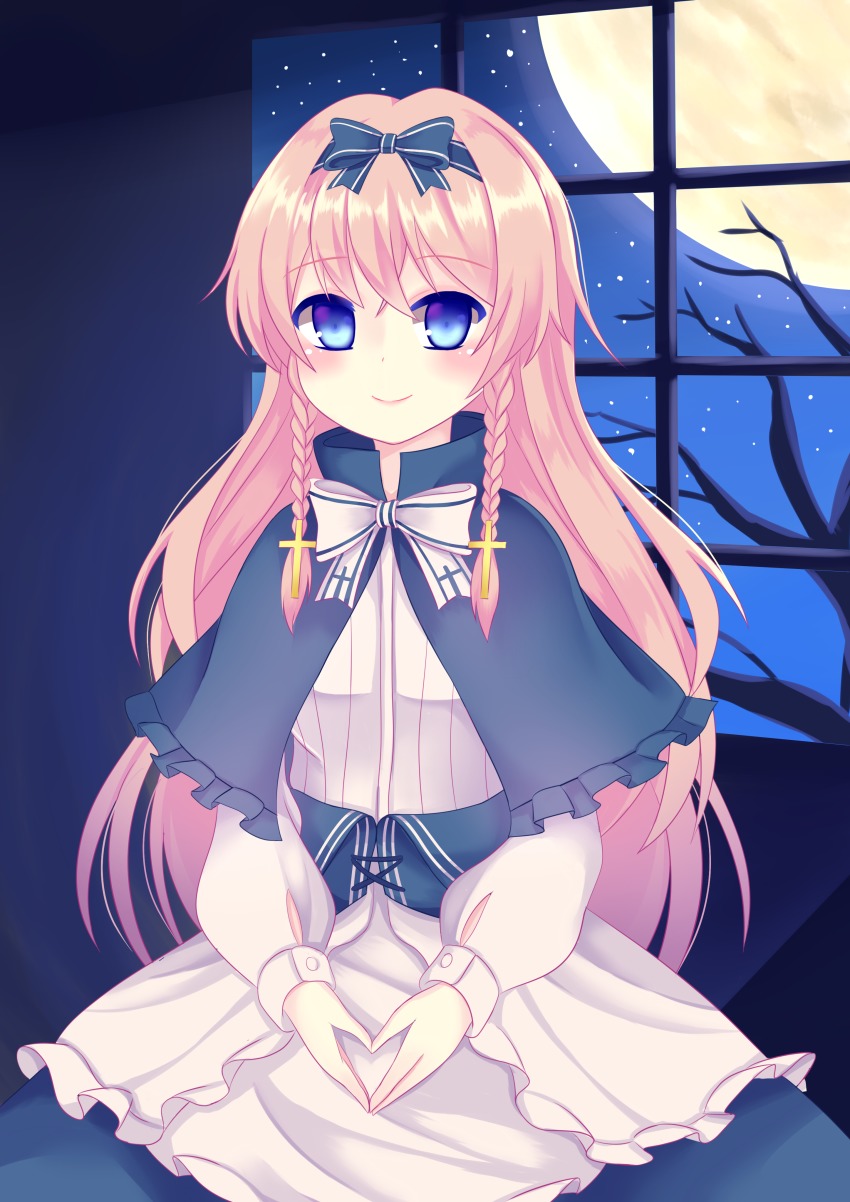 1girl, absurdres, apron, asusilver_(artist), bare_tree, blonde_hair, blue_bow, blue_hair, blue_skirt, bow, braid, capelet, closed_mouth, corset, cross_hair_ornament, female_focus, frills, full_moon, hair_between_eyes, hair_bow, hair_ornament, harpae, highres, long_hair, long_sleeves, moon, night, own_hands_together, pocket_mirror, shirt, skirt, sky, smile, solo, star_(sky), starry_sky, striped_bow, tree, twin_braids, very_long_hair, waist_apron, white_bow, white_shirt, window