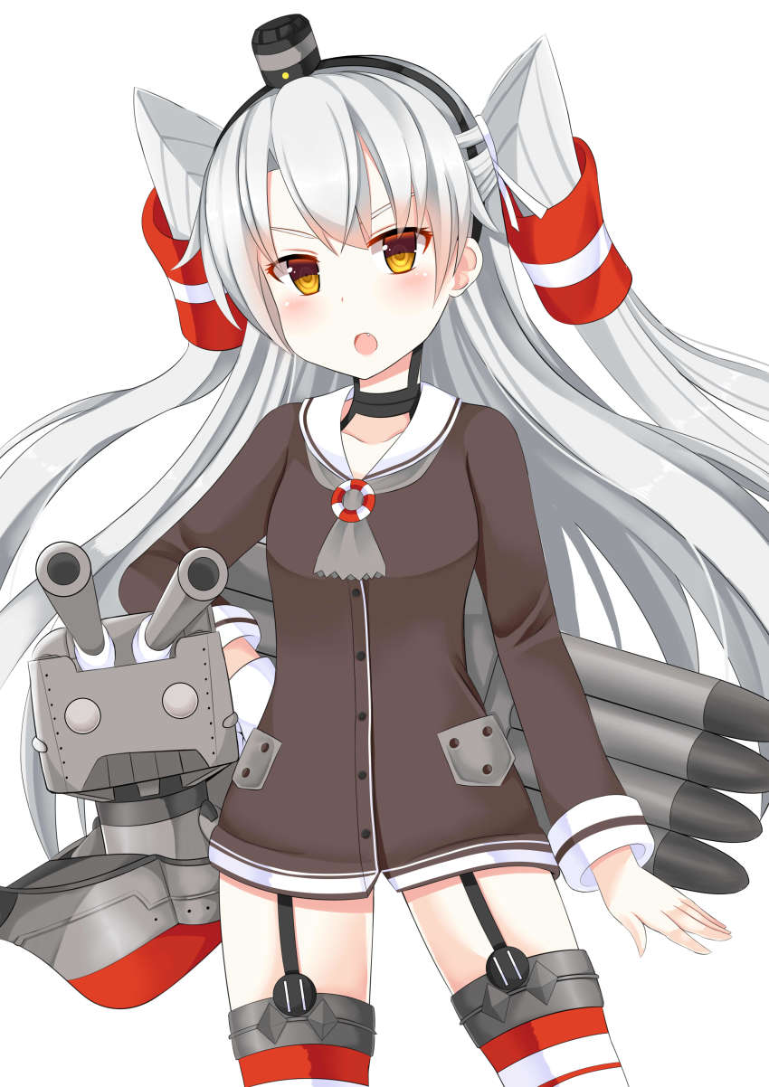 >:o, 10s, 1girl, :o, absurdres, amatsukaze_(kancolle), asusilver_(artist), blush, brown_dress, brown_eyes, cowboy_shot, dress, fang, garter_straps, gloves, hair_tubes, hand_on_own_hip, hat, head_tilt, highres, kantai_collection, long_hair, long_sleeves, looking_at_viewer, open_mouth, pink_eyes, rensouhou-chan, sailor_dress, silver_hair, simple_background, single_glove, striped_clothes, striped_thighhighs, thighhighs, torpedo, two_side_up, v-shaped_eyebrows, very_long_hair, white_background, white_gloves