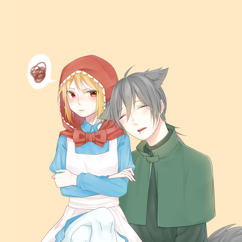 2boys, akazukin_no_ookami, animal_ears, bad_id, bad_pixiv_id, blonde_hair, blush, brown_hair